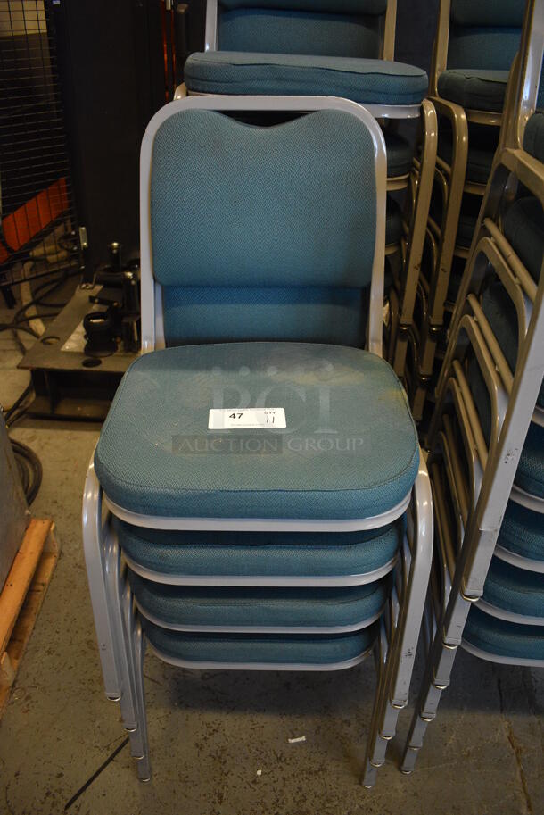 11 Gray Metal Stackable Banquet Chairs w/ Green Backrest and Seat. 18x19x32. 11 Times Your Bid! (Midtown 1: Room 122)