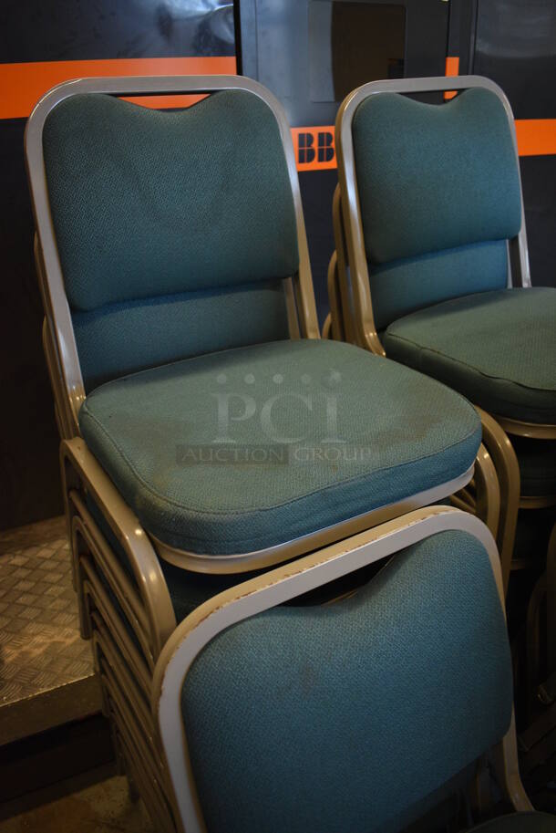 11 Gray Metal Stackable Banquet Chairs w/ Green Backrest and Seat. 18x19x32. 11 Times Your Bid! (Midtown 1: Room 122) - Image 3 of 3