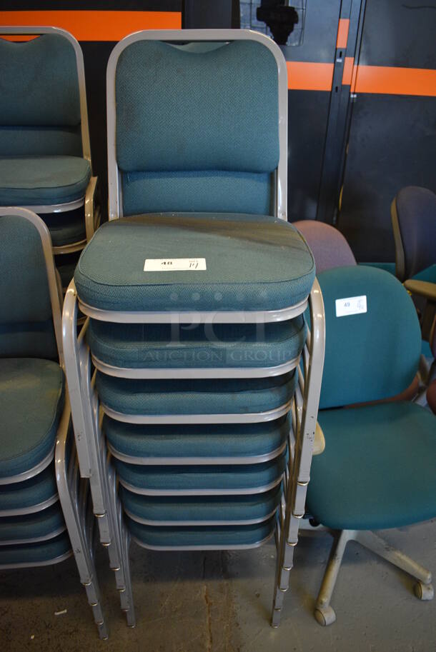 14 Gray Metal Stackable Banquet Chairs w/ Green Backrest and Seat. 18x19x32. 14 Times Your Bid! (Midtown 1: Room 122)