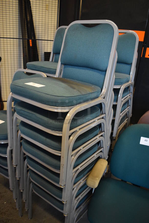 14 Gray Metal Stackable Banquet Chairs w/ Green Backrest and Seat. 18x19x32. 14 Times Your Bid! (Midtown 1: Room 122) - Image 2 of 3