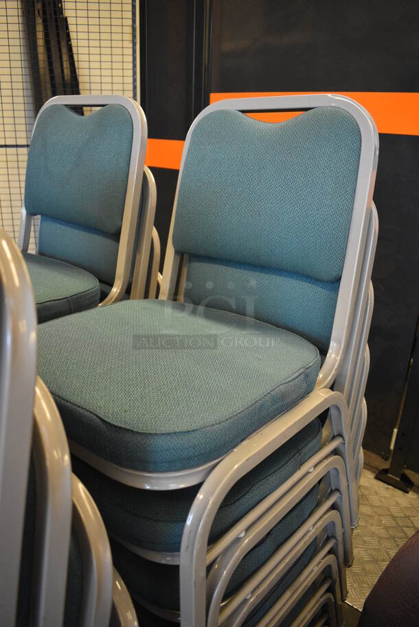 14 Gray Metal Stackable Banquet Chairs w/ Green Backrest and Seat. 18x19x32. 14 Times Your Bid! (Midtown 1: Room 122) - Image 3 of 3