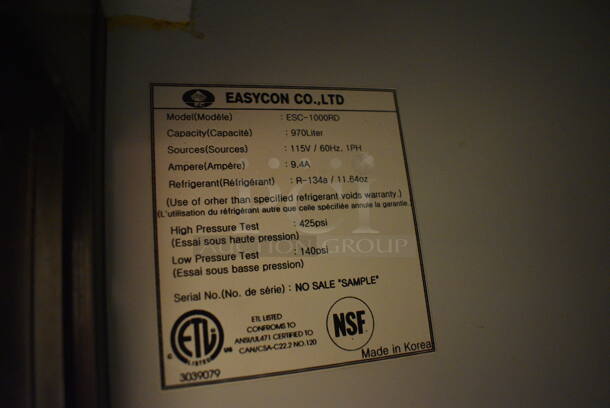 NICE! Easycon Model ESC-1000RD Metal Commercial 2 Door Reach In Cooler Merchandiser w/ Poly Coated Racks and Sliding Doors. 115 Volts, 1 Phase. 42x30x81. (Midtown 2: Room 130) - Image 4 of 6