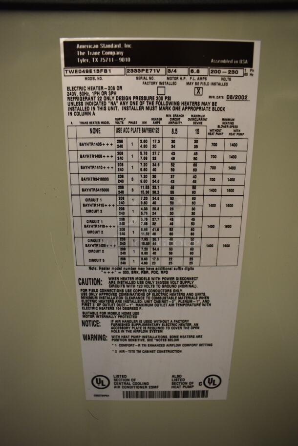 Trane Model TWE049E13FB1 Metal Air Handler. 200-230 Volts, 1 Phase. 26x21x59. Unit Will Be Unhooked and Removed Before Pick Up Day. (Midtown 2: Room 130) - Image 3 of 8