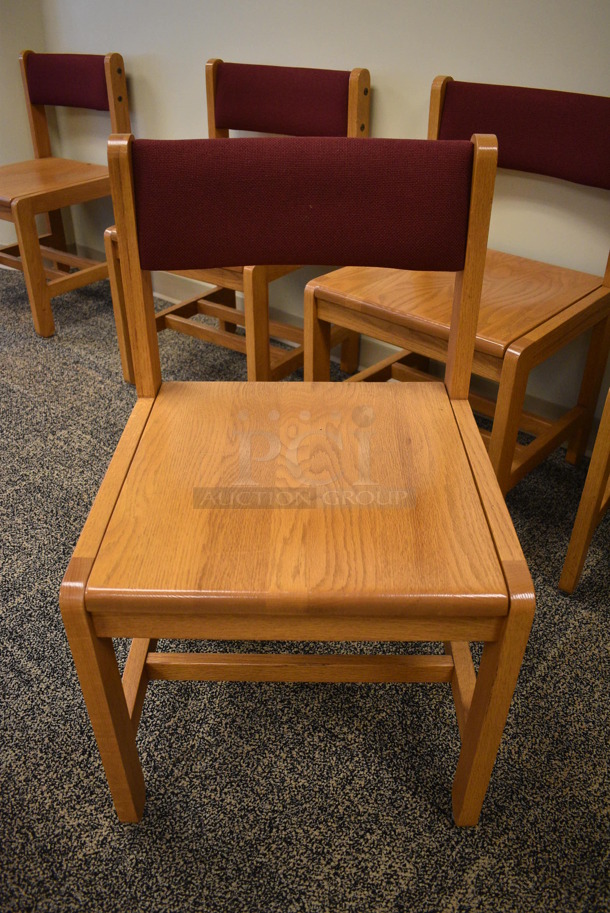 5 Wooden Chairs w/ Maroon Backrest. Stock Pictures Used. 19x18x32. 5 Times Your Bid! (Midtown 2: Second Floor: Room 212) - Image 1 of 6