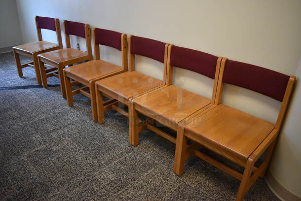5 Wooden Chairs w/ Maroon Backrest. Stock Pictures Used. 19x18x32. 5 Times Your Bid! (Midtown 2: Second Floor: Room 212) - Image 6 of 6