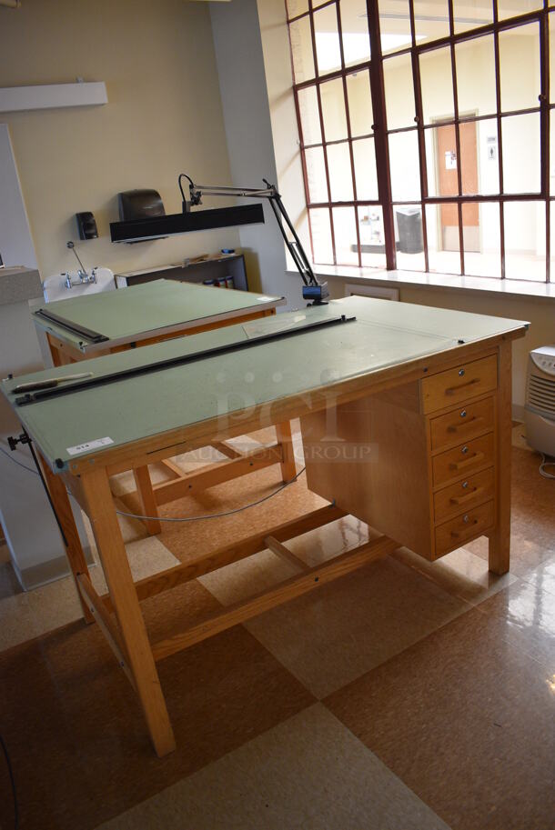 Wooden Drafting Table w/ 5 Drawers and Attached Metal Light. 60x40x68. Table: 60x39x37.5. (Midtown 2: Second Floor: Room 216) - Image 2 of 7