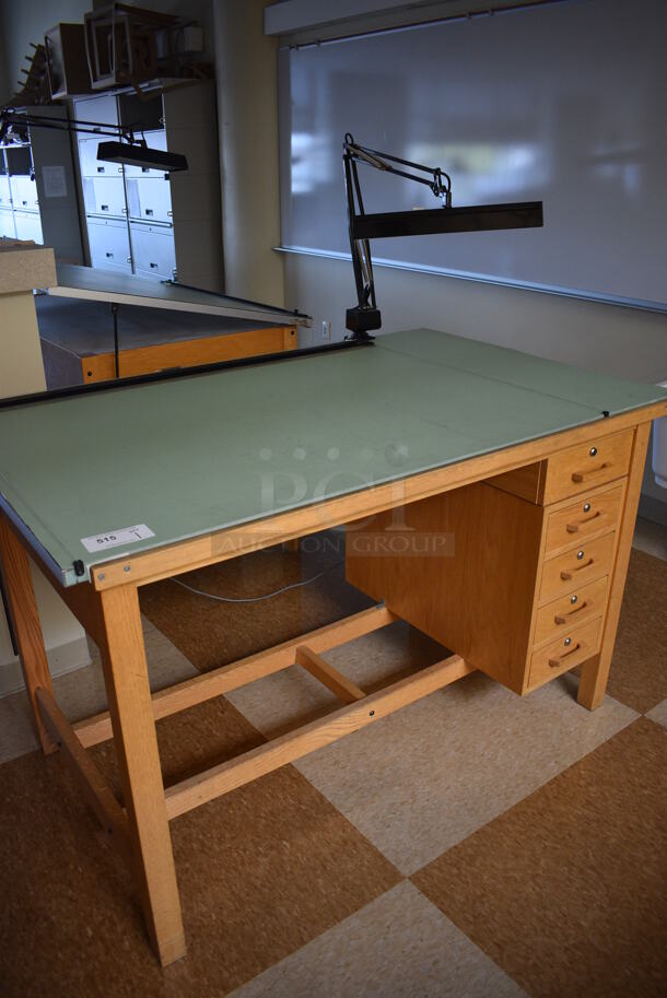 Wooden Drafting Table w/ 5 Drawers and Attached Metal Light. 60x40x68. Table: 60x39x37.5. (Midtown 2: Second Floor: Room 216) - Image 2 of 6