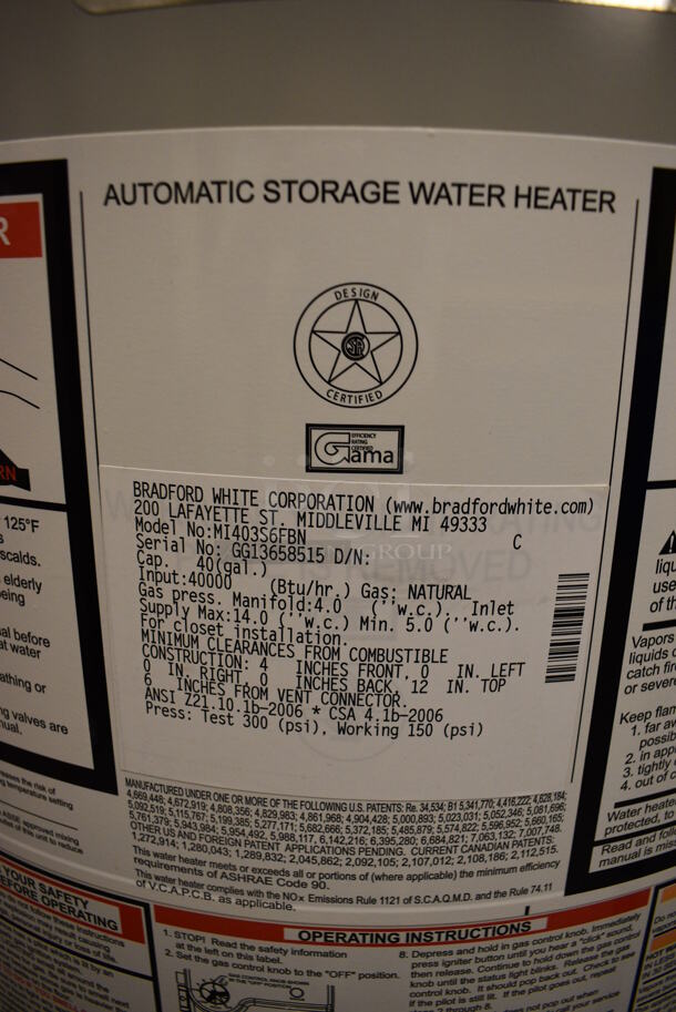 Bradford White Model MI403S6FBN Metal Floor Style Natural Gas Powered Automatic Storage Water Heater. 40,000 BTU. 22x22x50. Unit Will Be Unhooked and Removed Before Pick Up Day. (Midtown 2: Room 130) - Image 5 of 7