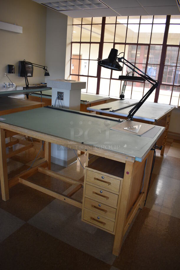 Wooden Drafting Table w/ 4 Drawers and Attached Metal Light. 60x40x68. Table: 60x39x37.5. (Midtown 2: Second Floor: Room 216) - Image 2 of 6