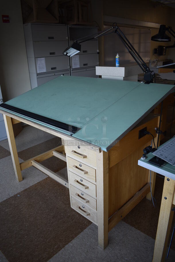 4 Wooden Drafting Table w/ 5 Drawers and Attached Metal Light. 60x40x68. Table: 60x39x37.5. 4 Times Your Bid! (Midtown 2: Second Floor: Room 216) - Image 3 of 5