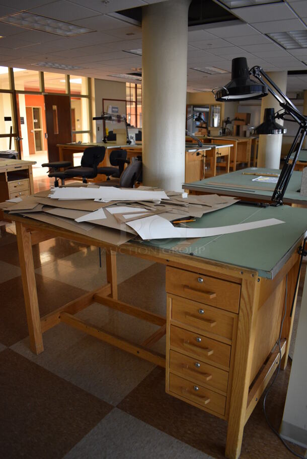 4 Wooden Drafting Table w/ 5 Drawers and Attached Metal Light. 60x40x68. Table: 60x39x37.5. 4 Times Your Bid! (Midtown 2: Second Floor: Room 216) - Image 4 of 5