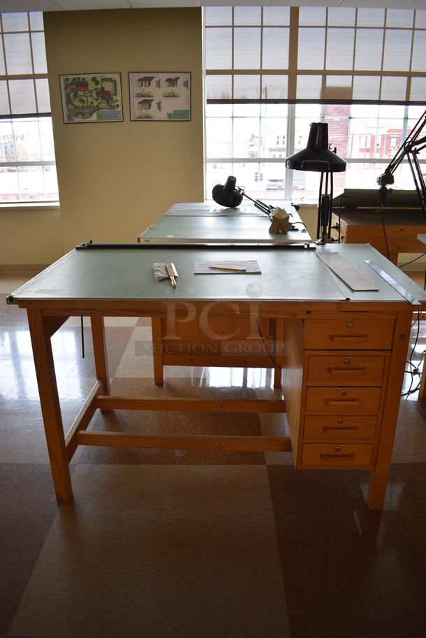 4 Wooden Drafting Table w/ 5 Drawers and Attached Metal Light. 60x40x68. Table: 60x39x37.5. 4 Times Your Bid! (Midtown 2: Second Floor: Room 216) - Image 5 of 5