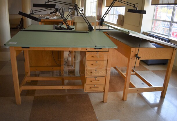 4 Wooden Drafting Table w/ 5 Drawers and Attached Metal Light. 60x40x68. Table: 60x39x37.5. 4 Times Your Bid! (Midtown 2: Second Floor: Room 216) - Image 1 of 6