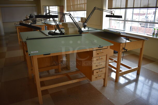 4 Wooden Drafting Table w/ 5 Drawers and Attached Metal Light. 60x40x68. Table: 60x39x37.5. 4 Times Your Bid! (Midtown 2: Second Floor: Room 216) - Image 2 of 6
