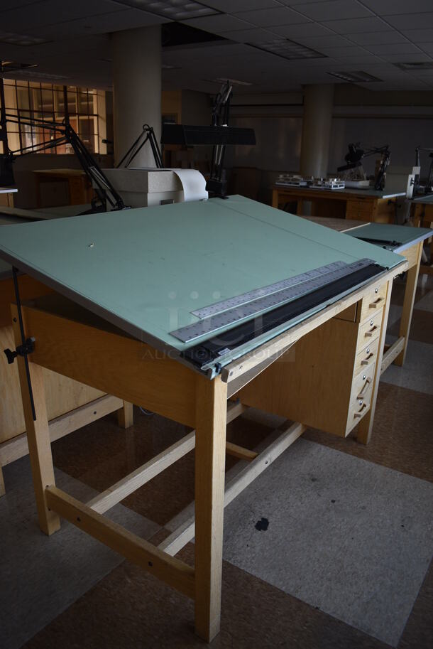 4 Wooden Drafting Table w/ 5 Drawers and Attached Metal Light. 60x40x68. Table: 60x39x37.5. 4 Times Your Bid! (Midtown 2: Second Floor: Room 216) - Image 4 of 6