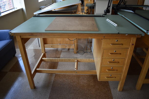 4 Wooden Drafting Table w/ 5 Drawers and Attached Metal Light. 60x40x68. Table: 60x39x37.5. 4 Times Your Bid! (Midtown 2: Second Floor: Room 216) - Image 5 of 6