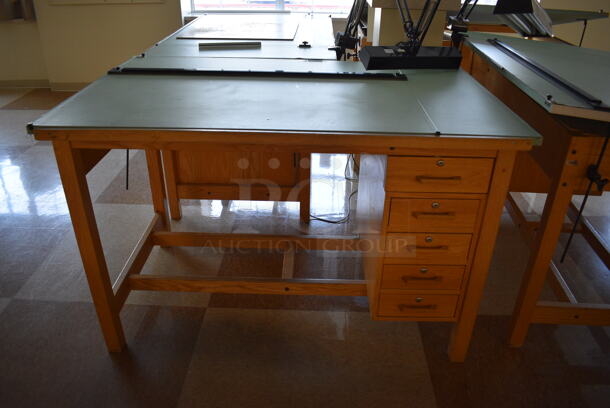 4 Wooden Drafting Table w/ 5 Drawers and Attached Metal Light. 60x40x68. Table: 60x39x37.5. 4 Times Your Bid! (Midtown 2: Second Floor: Room 216) - Image 6 of 6