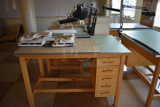 4 Wooden Drafting Table w/ 5 Drawers and Attached Metal Light. 60x40x68. Table: 60x39x37.5. 4 Times Your Bid! (Midtown 2: Second Floor: Room 216) - Image 2 of 5