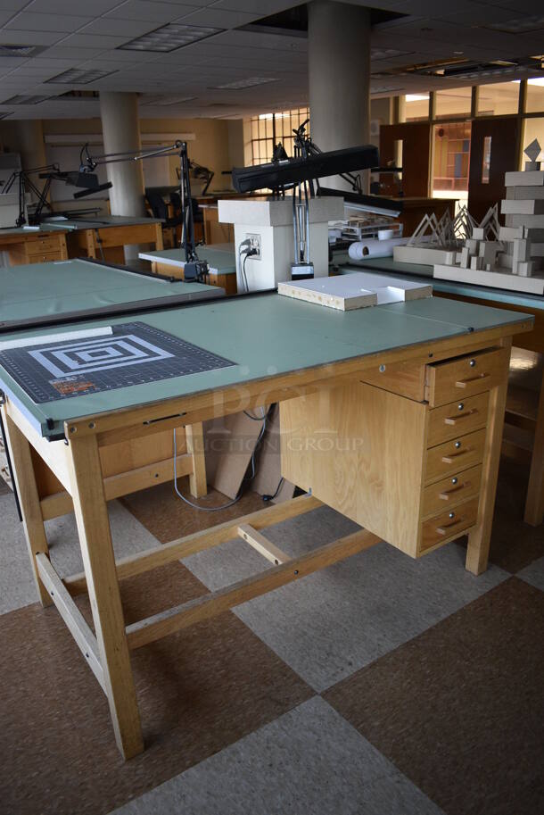 4 Wooden Drafting Table w/ 5 Drawers and Attached Metal Light. 60x40x68. Table: 60x39x37.5. 4 Times Your Bid! (Midtown 2: Second Floor: Room 216) - Image 4 of 5