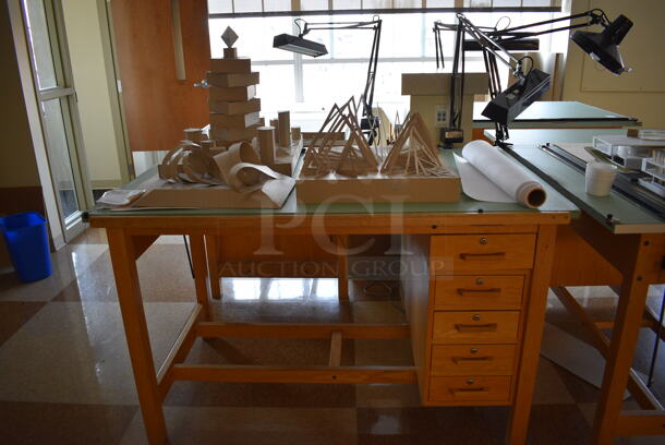 4 Wooden Drafting Table w/ 5 Drawers and Attached Metal Light. 60x40x68. Table: 60x39x37.5. 4 Times Your Bid! (Midtown 2: Second Floor: Room 216) - Image 5 of 5