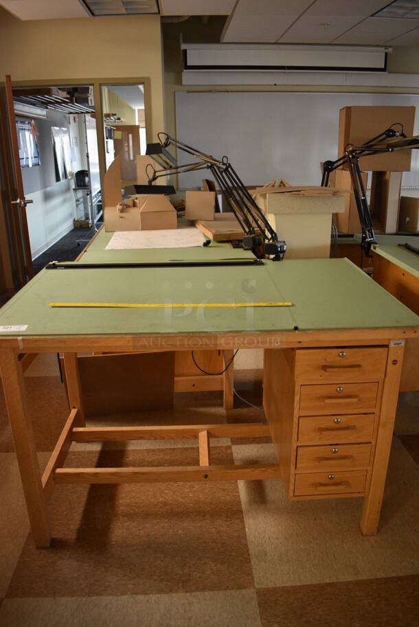 4 Wooden Drafting Table w/ 5 Drawers and Attached Metal Light. 60x40x68. Table: 60x39x37.5. 4 Times Your Bid! (Midtown 2: Second Floor: Room 216) - Image 2 of 5