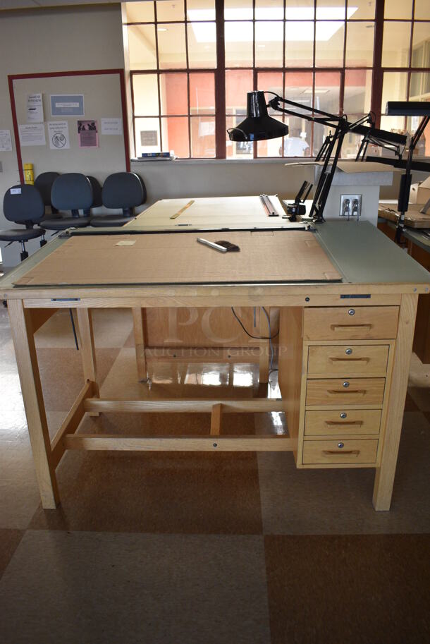 4 Wooden Drafting Table w/ 5 Drawers and Attached Metal Light. 60x40x68. Table: 60x39x37.5. 4 Times Your Bid! (Midtown 2: Second Floor: Room 216) - Image 3 of 5