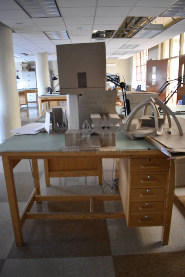 4 Wooden Drafting Table w/ 5 Drawers and Attached Metal Light. 60x40x68. Table: 60x39x37.5. 4 Times Your Bid! (Midtown 2: Second Floor: Room 216) - Image 4 of 5