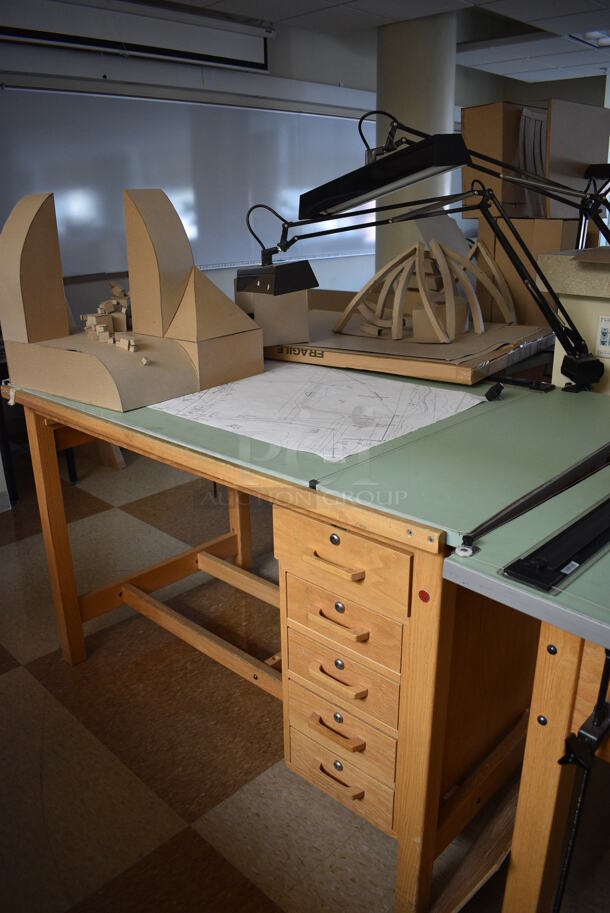 4 Wooden Drafting Table w/ 5 Drawers and Attached Metal Light. 60x40x68. Table: 60x39x37.5. 4 Times Your Bid! (Midtown 2: Second Floor: Room 216) - Image 5 of 5