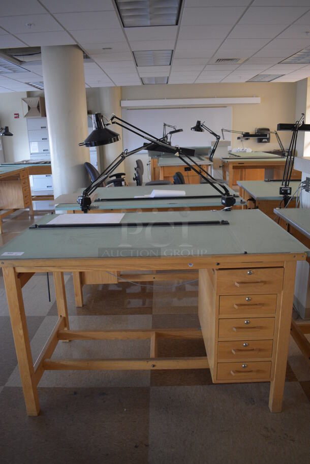 4 Wooden Drafting Table w/ 5 Drawers and Attached Metal Light. 60x40x68. Table: 60x39x37.5. 4 Times Your Bid! (Midtown 2: Second Floor: Room 216) - Image 2 of 5