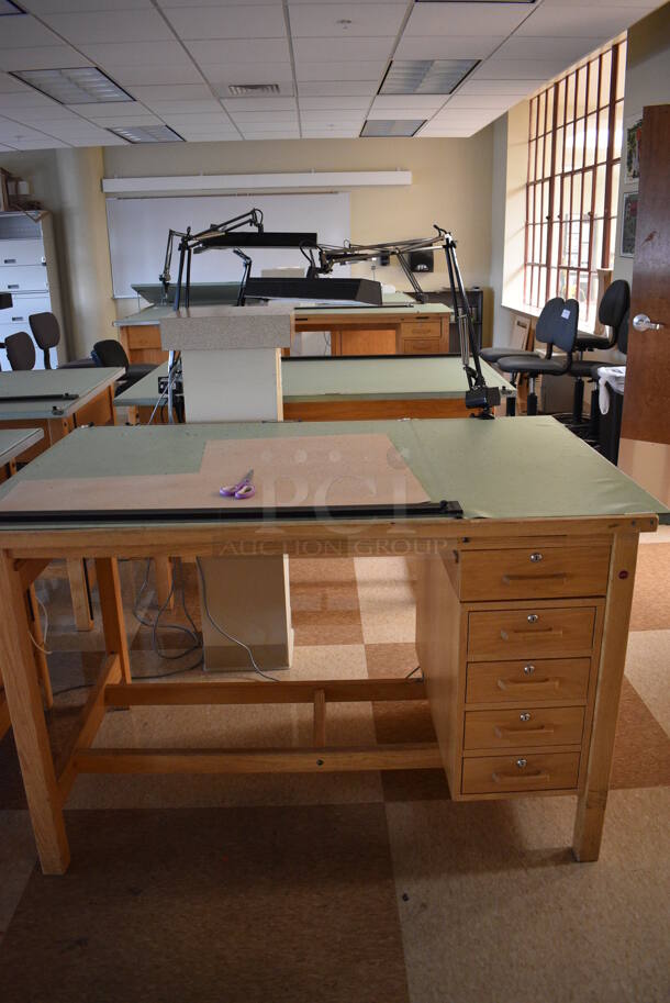 4 Wooden Drafting Table w/ 5 Drawers and Attached Metal Light. 60x40x68. Table: 60x39x37.5. 4 Times Your Bid! (Midtown 2: Second Floor: Room 216) - Image 3 of 5