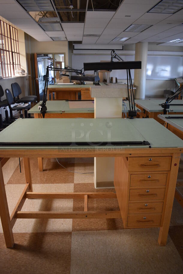 4 Wooden Drafting Table w/ 5 Drawers and Attached Metal Light. 60x40x68. Table: 60x39x37.5. 4 Times Your Bid! (Midtown 2: Second Floor: Room 216) - Image 4 of 5