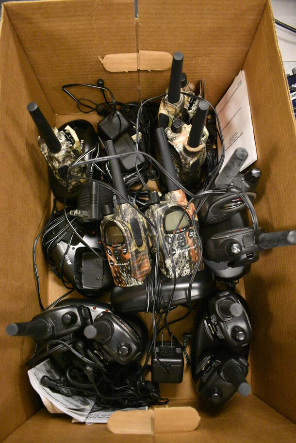 ALL ONE MONEY! Lot of 6 Sets of Midland Walkie Talkies on Charging Bases. 5.5x3x9. (Midtown 2: Room 105)