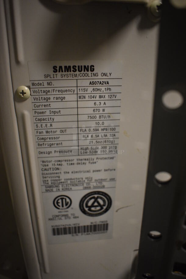 Samsung Model AS07A2VA Metal Split Type Air Conditioner. Cooling Only - Does Not Come w/ Fan Coil. 115 Volts, 1 Phase. 28x10x21. (Midtown 2: Room 130) - Image 3 of 5