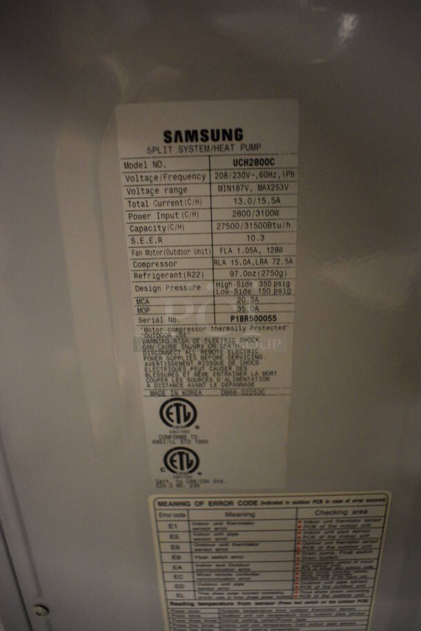 Samsung Model UCH2800C Metal Split Type Heater. Heat Pump Only - Does Not Come w/ Heat Fan. 208/230 Volts, 1 Phase. 35x12x32. (Midtown 2: Room 130) - Image 3 of 6