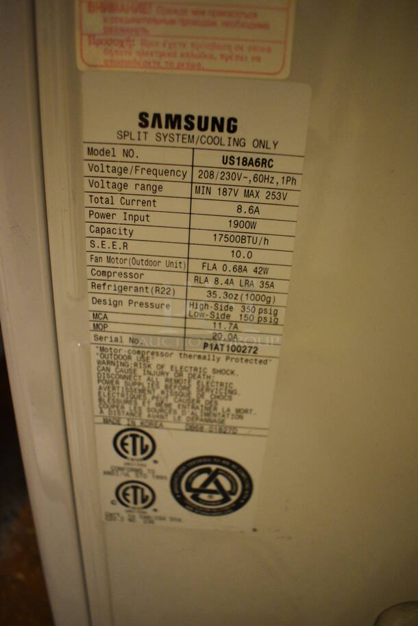 Samsung Model US18A6RC Metal Commercial Split Type Air Conditioner. Cooling Unit Only - Does Not Come w/ Fan Coil. 208/230 Volts, 1 Phase. 35x13x25. (Midtown 2: Hallway) - Image 4 of 5