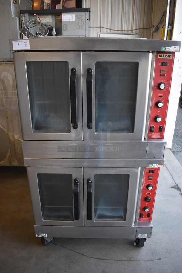 2 GORGEOUS! Vulcan Stainless Steel Commercial Natural Gas Powered Full Size Convection Ovens w/ View Through Doors, Metal Racks and Thermostatic Controls on Commercial Casters. 40x43x70. 2 Times Your Bid!
