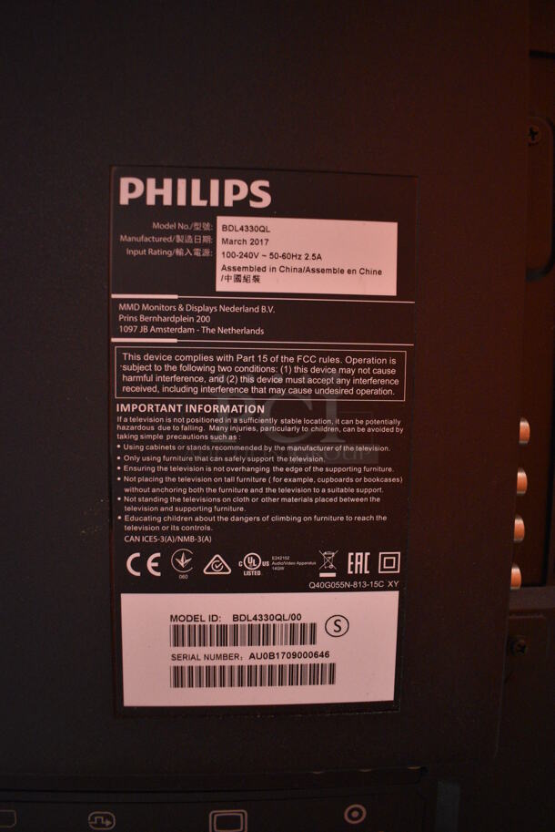 2017 Philips Model BDL4330QL 43" Television. Damage Shown In Pictures. Does Not Come w/ Power Cord. 100-240 Volts, 1 Phase. Buyer Must Pick Up - We Will Not Ship This Item. Tested and Powers On! - Image 9 of 12