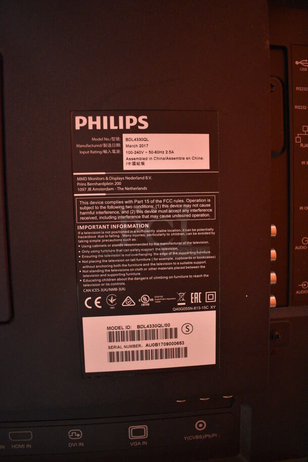 2017 Philips Model BDL4330QL 43" Television. Does Not Come w/ Power Cord. 100-240 Volts, 1 Phase. Buyer Must Pick Up - We Will Not Ship This Item. Tested and Working! - Image 7 of 9