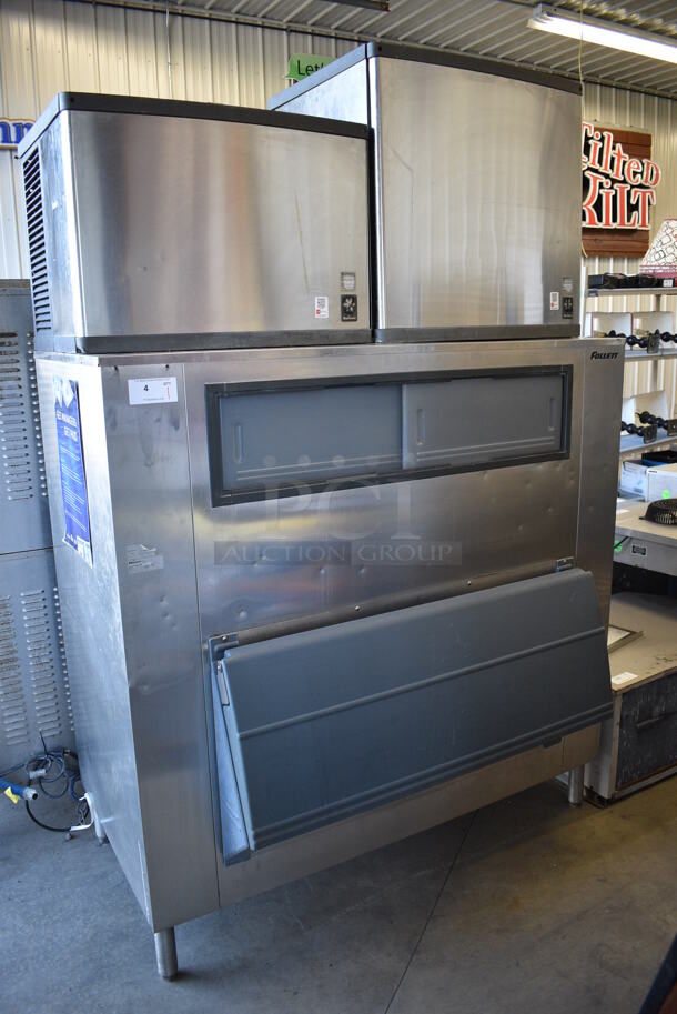 MARVELOUS! 2 Manitowoc Models QY0674C and QYDUAL4C Stainless Steel Commercial Ice Heads on Follett Model SG1476S-60 Stainless Steel Commercial Ice Bin. Comes w/ 2 Manitowoc Model CVD20753 Remote Fans for Ice Heads. 208/240 Volts, 1 Phase. 60x42x92