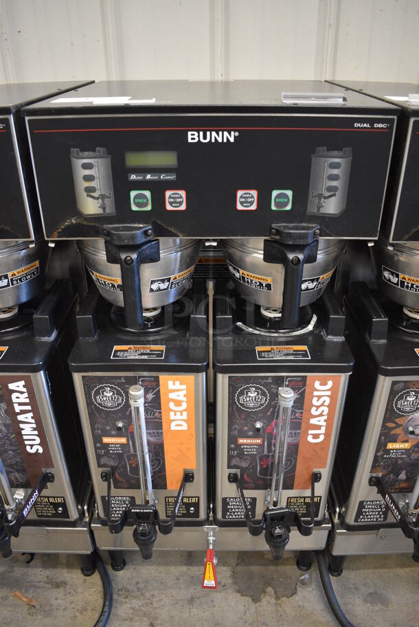 NICE! 2012 Bunn Model DUAL SH DBC Stainless Steel Commercial Countertop Dual Coffee Machine w/ Hot Water Dispenser, 2 Bunn Model SH SERVER Satellite Servers and 2 Metal Brew Baskets. 120/208-240 Volts, 1 Phase. 18x24x37. Tested and Working!