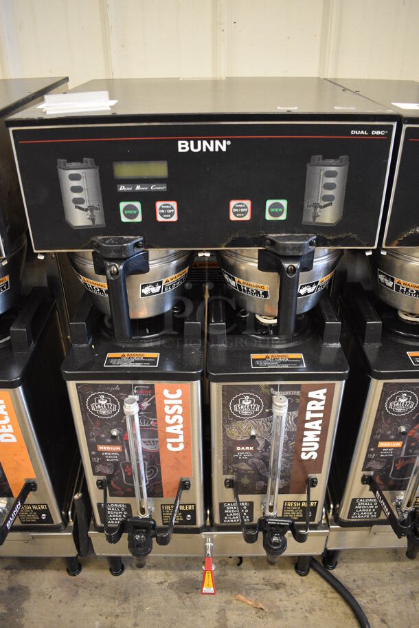 NICE! 2012 Bunn Model DUAL SH DBC Stainless Steel Commercial Countertop Dual Coffee Machine w/ Hot Water Dispenser, 2 Bunn Model SH SERVER Satellite Servers and 2 Metal Brew Baskets. 120/208-240 Volts, 1 Phase. 18x24x37. Tested and Working!