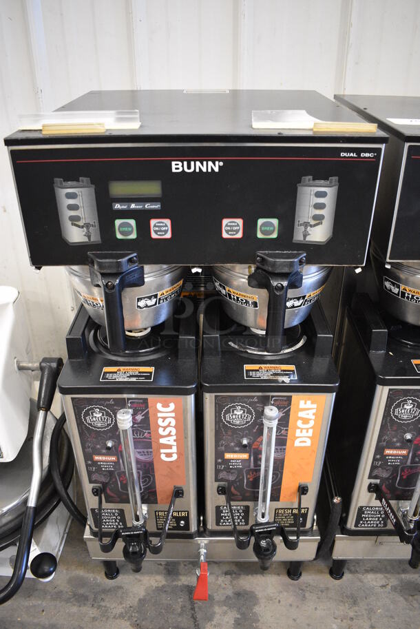 NICE! 2012 Bunn Model DUAL SH DBC Stainless Steel Commercial Countertop Dual Coffee Machine w/ Hot Water Dispenser, 2 Bunn Model SH SERVER Satellite Servers and 2 Metal Brew Baskets. 120/208-240 Volts, 1 Phase. 18x24x37. Tested and Working! - Image 1 of 6