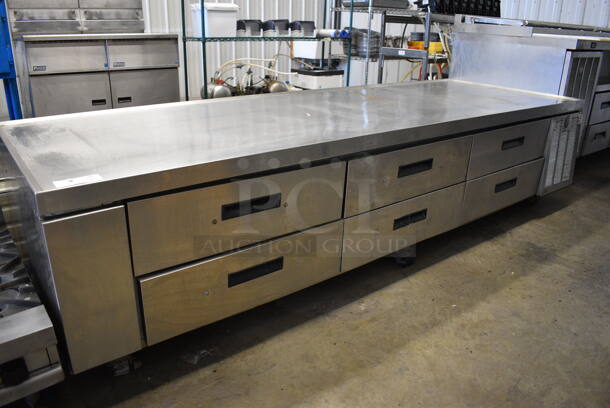 SWEET! Delfield Stainless Steel Commercial 6 Drawer Chef Base on Commercial Casters. 102x35x24. Tested and Powers On But Temps at 55 Degrees