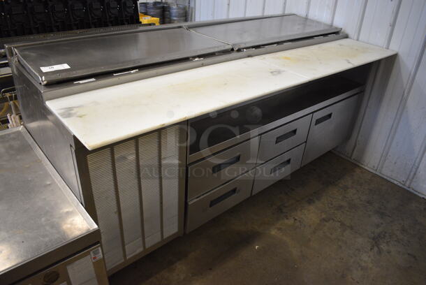 WOW! Delfield Stainless Steel Commercial Pizza Prep Table w/ Cutting Board, 2 Lids, 4 Drawers and Door on Commercial Casters. 83x36x40. Tested and Working!