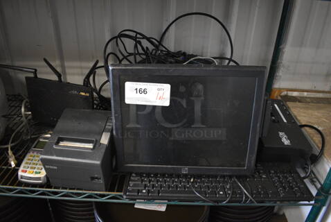 ALL ONE MONEY! Lot of Elo 15" POS Monitor, Epson Receipt Printer, Verifone VX520 Credit Card Reader, Tripp Lite Uninterruptible Power Supply, Keyboard and Router!