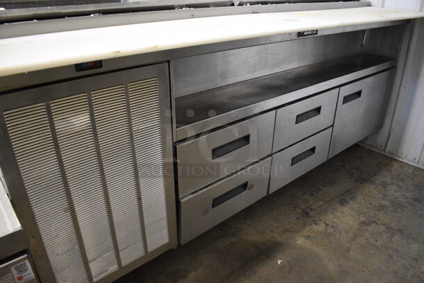 WOW! Delfield Stainless Steel Commercial Pizza Prep Table w/ Cutting Board, 2 Lids, 4 Drawers and Door on Commercial Casters. 83x36x40. Tested and Working! - Image 3 of 7