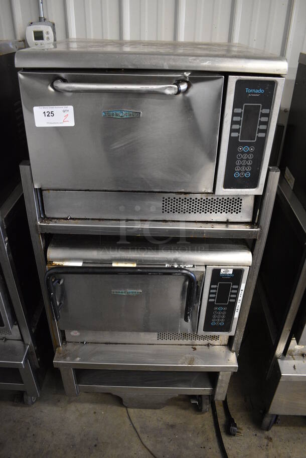 2 FANTASTIC! 2013 Turbochef Model NGCD6 Tornado Stainless Steel Commercial Countertop Electric Powered Rapid Cook Ovens on Stainless Steel Commercial 2 Tier Equipment Stand w/ Commercial Casters. See Pictures For Damage To Top / Bottom Door. 208/240 Volts, 1 Phase. 30x30x60. 2 Times Your Bid! Tested and Working!