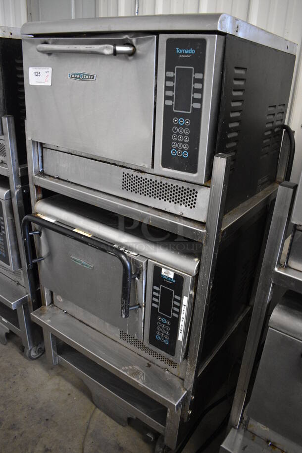 2 FANTASTIC! 2013 Turbochef Model NGCD6 Tornado Stainless Steel Commercial Countertop Electric Powered Rapid Cook Ovens on Stainless Steel Commercial 2 Tier Equipment Stand w/ Commercial Casters. See Pictures For Damage To Top / Bottom Door. 208/240 Volts, 1 Phase. 30x30x60. 2 Times Your Bid! Tested and Working! - Image 2 of 10