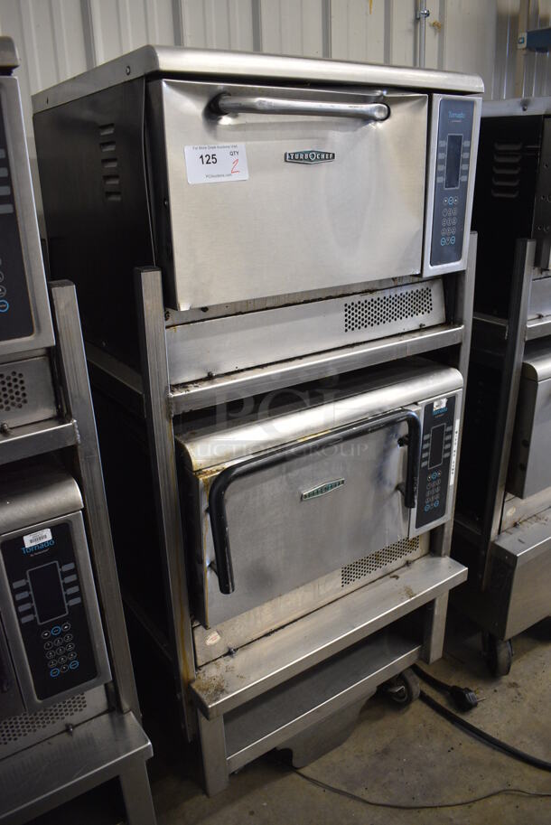 2 FANTASTIC! 2013 Turbochef Model NGCD6 Tornado Stainless Steel Commercial Countertop Electric Powered Rapid Cook Ovens on Stainless Steel Commercial 2 Tier Equipment Stand w/ Commercial Casters. See Pictures For Damage To Top / Bottom Door. 208/240 Volts, 1 Phase. 30x30x60. 2 Times Your Bid! Tested and Working! - Image 3 of 10