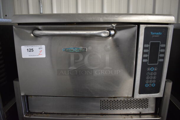 2 FANTASTIC! 2013 Turbochef Model NGCD6 Tornado Stainless Steel Commercial Countertop Electric Powered Rapid Cook Ovens on Stainless Steel Commercial 2 Tier Equipment Stand w/ Commercial Casters. See Pictures For Damage To Top / Bottom Door. 208/240 Volts, 1 Phase. 30x30x60. 2 Times Your Bid! Tested and Working! - Image 4 of 10